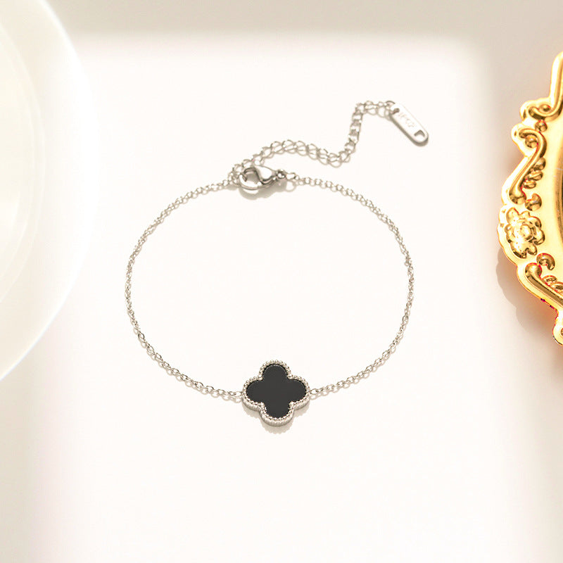 Minimalist Four-Leaf Clover Bracelet in Titanium Steel with Electroplated Finish for Women and Unisex Wear