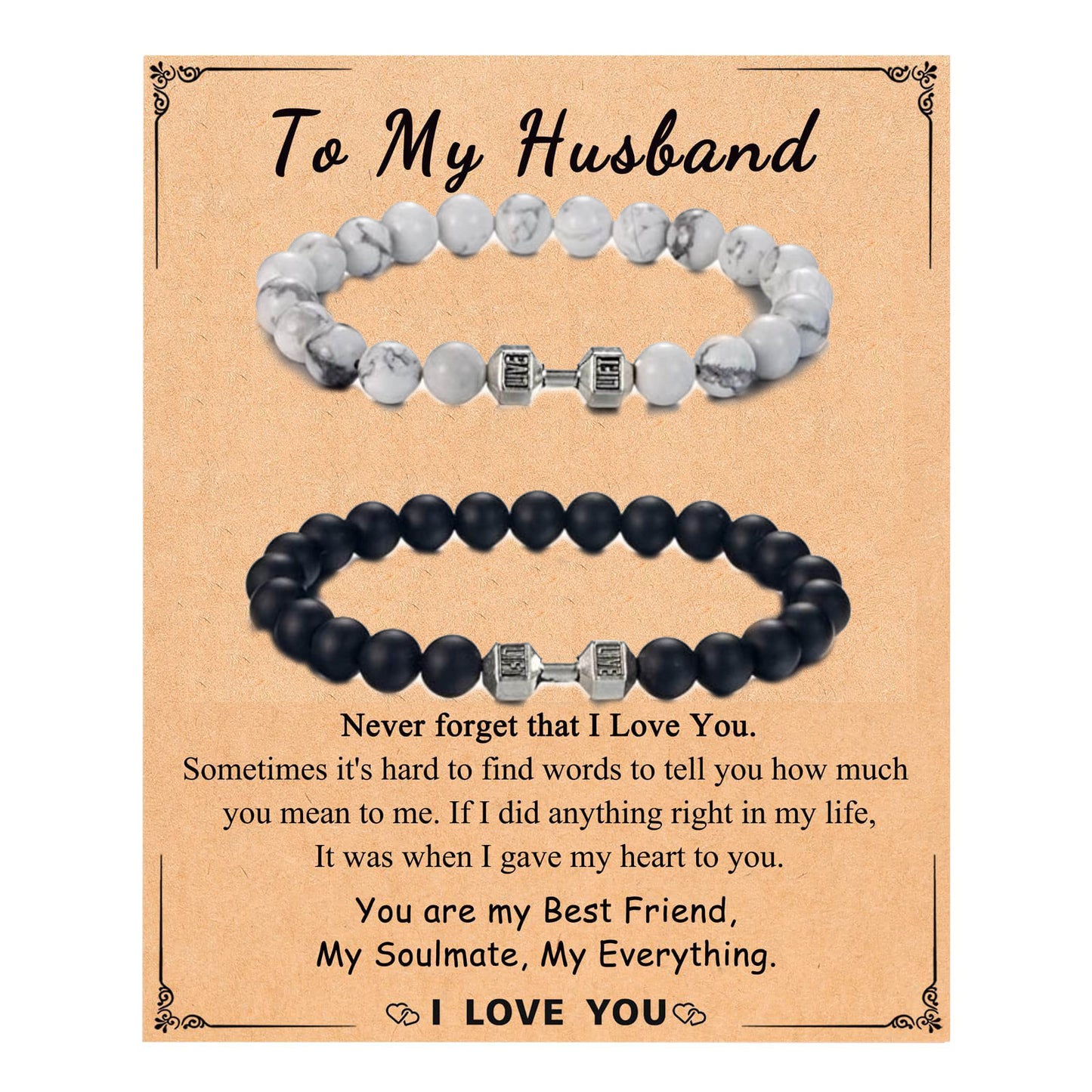 Minimalist Black and White Matte Geometric Dumbbell Pendant Turquoise Beaded Bracelet Set for Couples