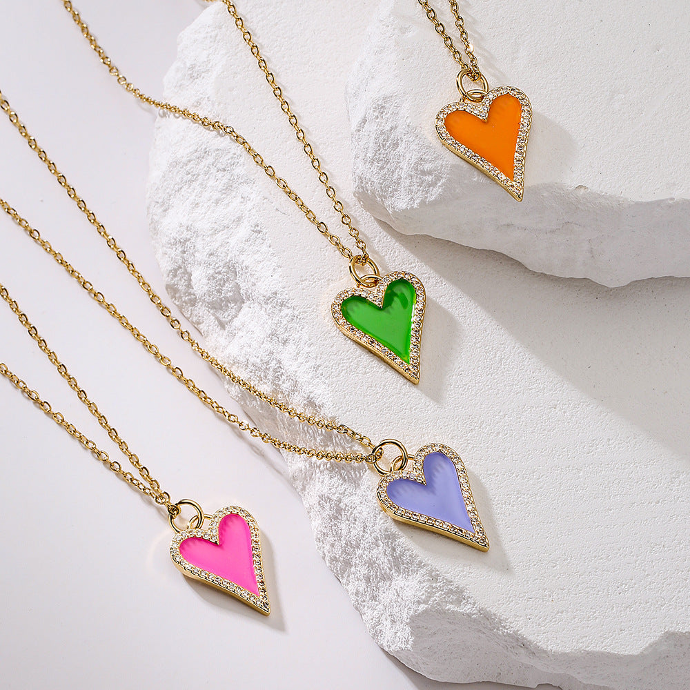 Minimalist Heart-Shaped Enamel Pendant Necklace for Women with Copper Base and Micro-Paved Zirconia