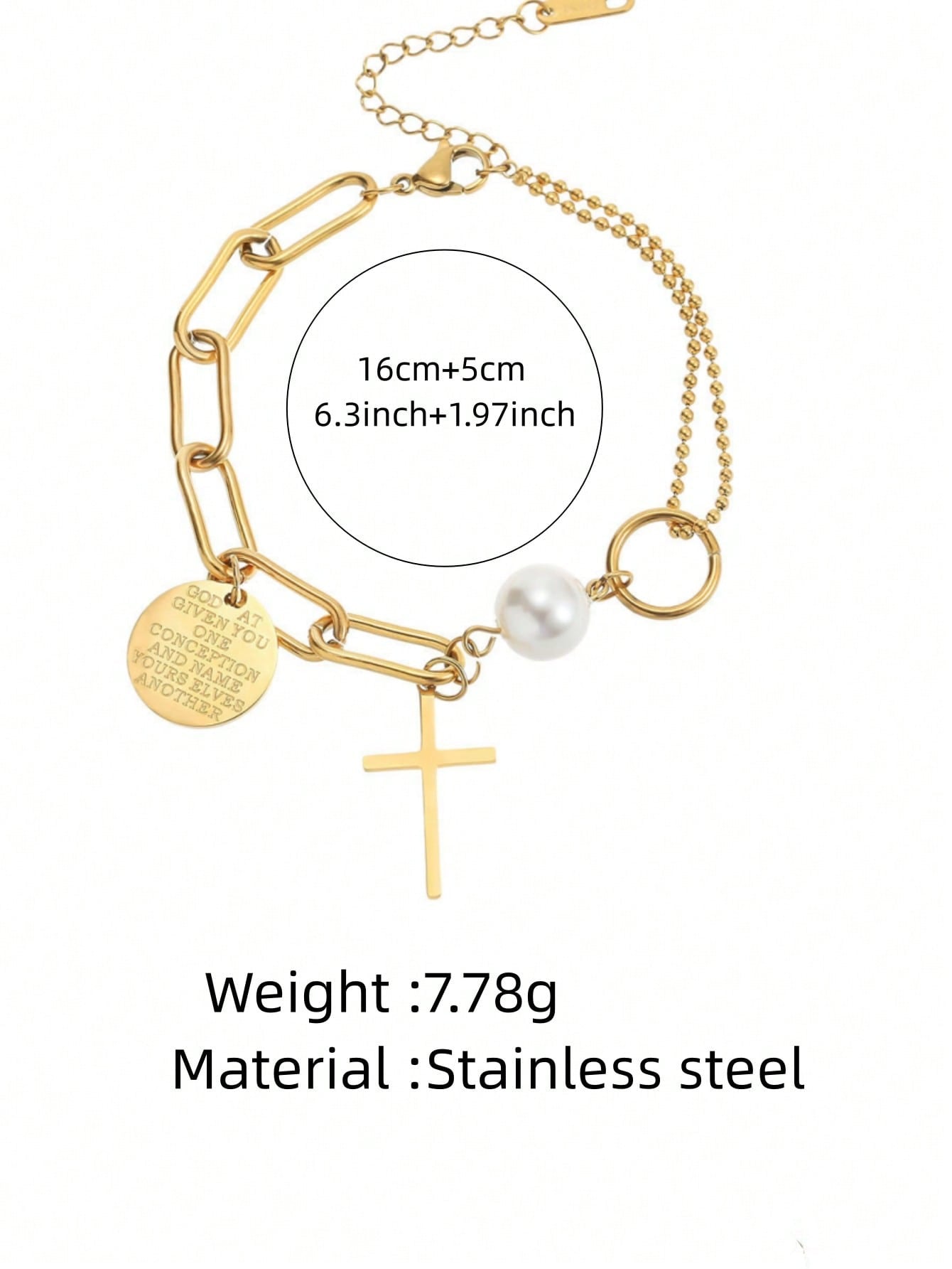 Minimalist Elegant Gold Plated Stainless Steel Cross Geometric Bracelet with Cubic Zirconia for Women