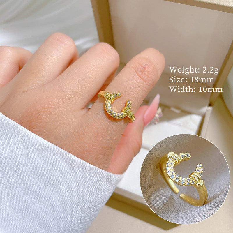 Minimalist Geometric Gold-Plated Brass Open Ring for Women with Crown Shape and Rhinestone Inlay