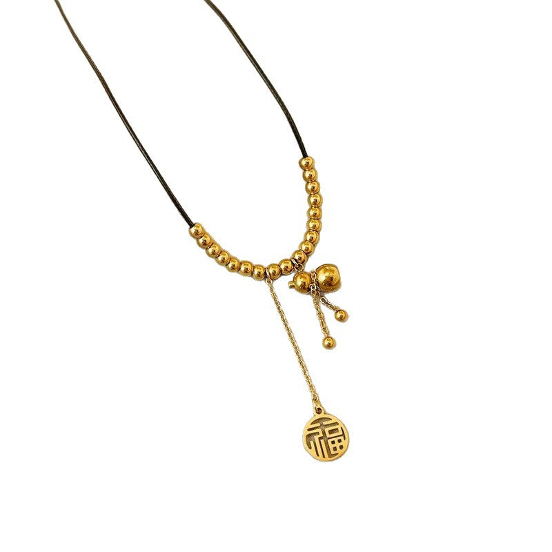 Minimalist Gold Plated Titanium Steel Fu Character Gourd Tassel Necklace for Unisex
