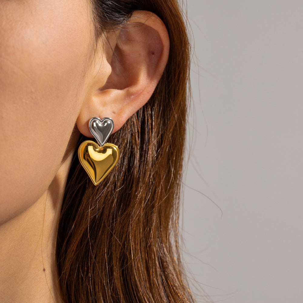Orecchini pendenti da donna alla moda a forma di cuore bicolore in acciaio inossidabile placcato oro 18 carati