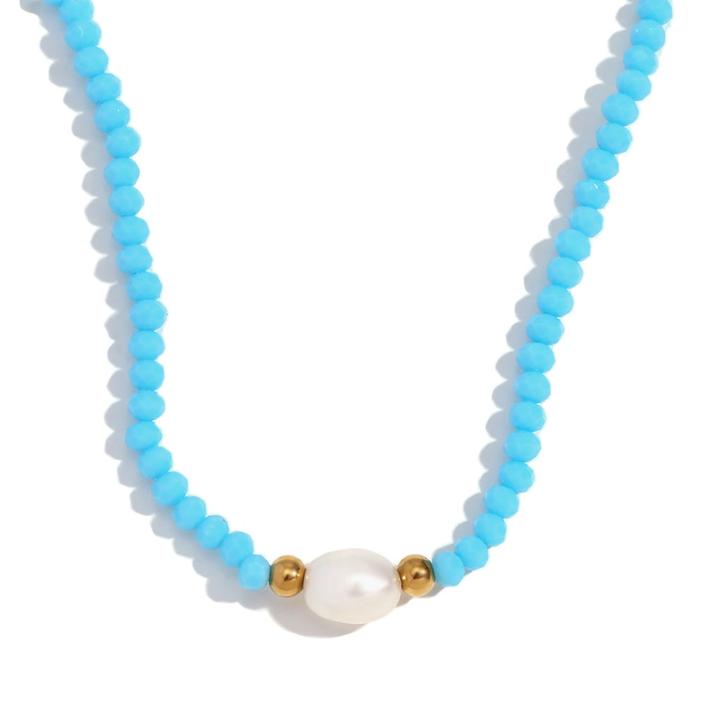 Minimalist Geometric Stainless Steel Pendant Necklace with Freshwater Pearl and Blue Crystal Beads for Women