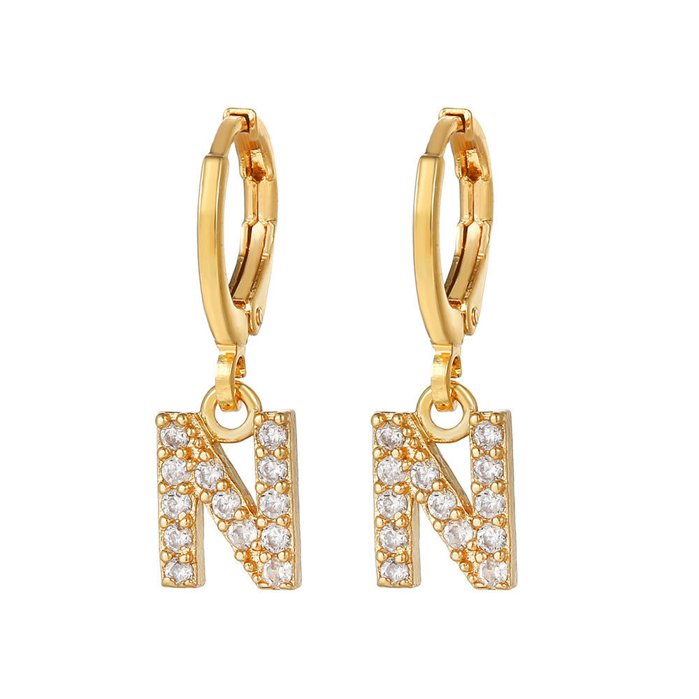 Minimalist Elegant Gold Plated Brass Micro-Inlaid Cubic Zirconia Letter Hoop Earrings for Women