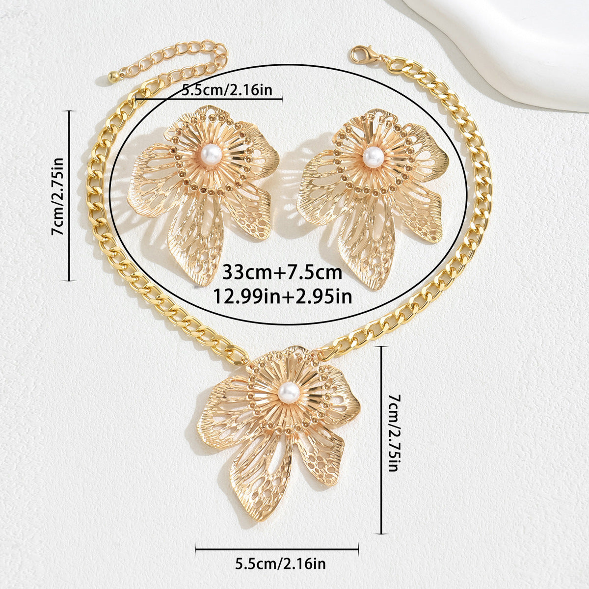 Parure di collana da donna con ciondolo in lega stile floreale, intarsi in perle e catena ritorta