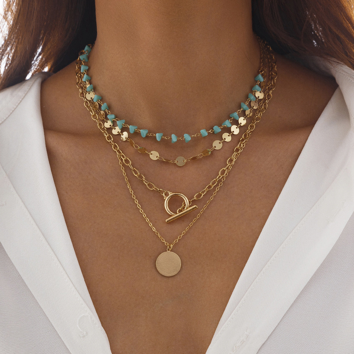 Punk Multi-Layer Geometric Floral Crystal Alloy Pendant Plated Brass Necklace for Women