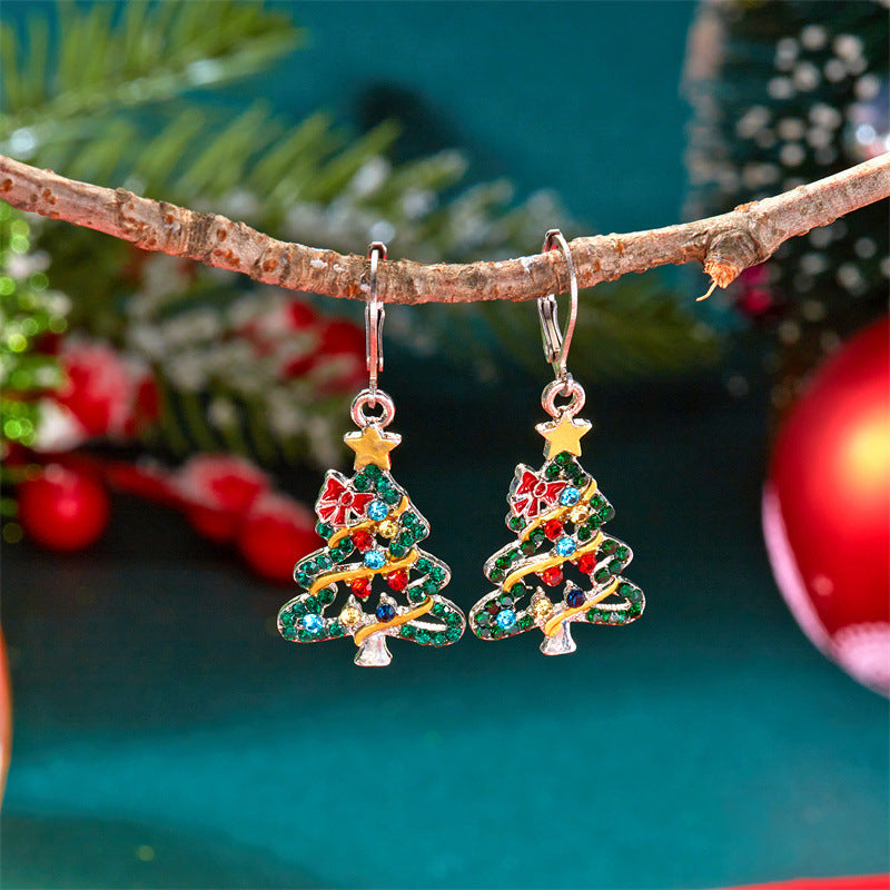 Fashion Christmas Tree Pendant Necklace and Earrings Set for Women with Enamel Finish and Rhinestone Inlay on O-Chain