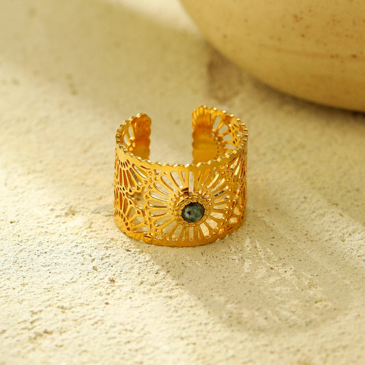 Anello da Donna Regolabile con Pietra Naturale Intarsiata Svuotata alla Moda in Acciaio al Titanio Placcato Oro 18K