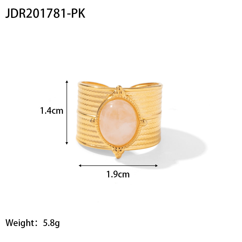 Anello da donna con intarsio in pietra, design geometrico irregolare, in acciaio inossidabile placcato oro 18K, stile vintage francese