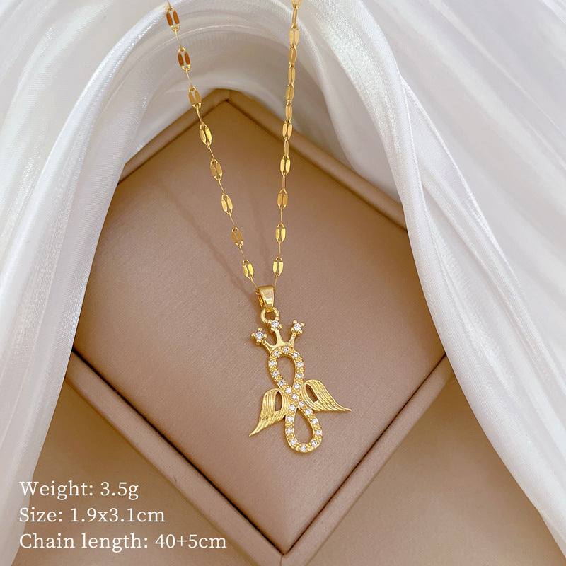 Elegant Angel-Shaped Geometric Pendant Necklace for Women and Men with Full Rhinestone Inlay on Titanium Steel Chain