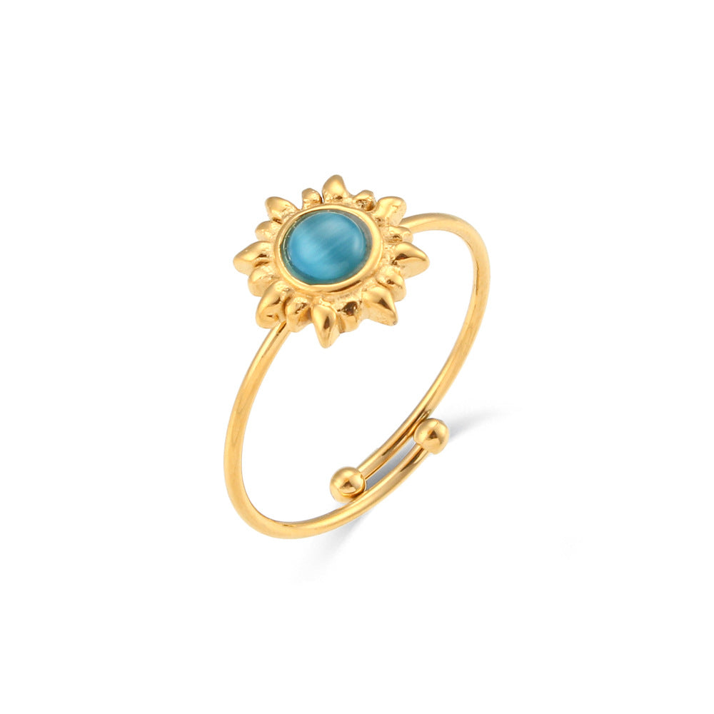 Anello da donna regolabile in acciaio inossidabile con agata nera e occhio di gatto, stile geometrico vintage alla moda