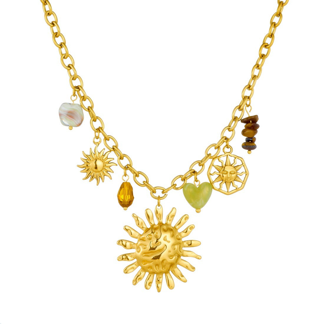 Fashion Elegant Floral Heart Geometric Stainless Steel Plated Pendant Necklace and Bracelet Set with Beaded Sunflower Design for Women