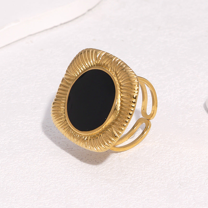 Minimalist Geometric Stainless Steel Open Ring for Women with 18K Gold Plating and Enamel Finish
