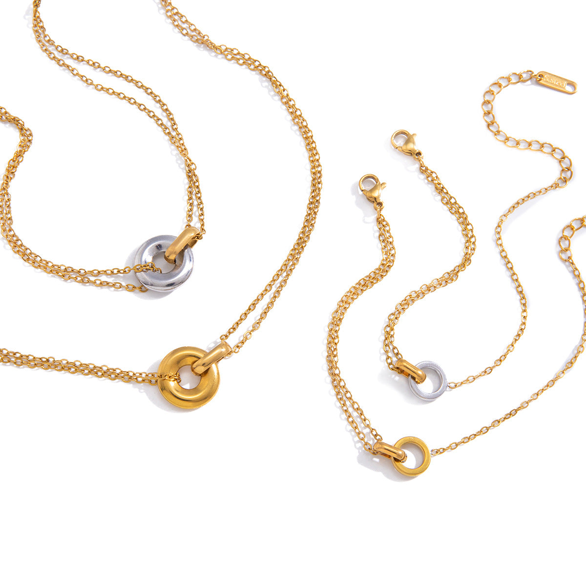 Elegant Round Geometric Stainless Steel and Titanium Steel Plated Necklace and Bracelet Set for Women with Cable Chain