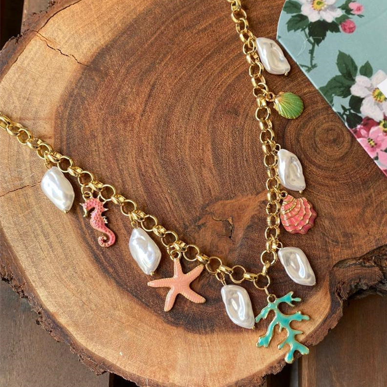 Sweet Gold Plated Brass Star Animal Pearl Shell DIY Charm Bar Pendant