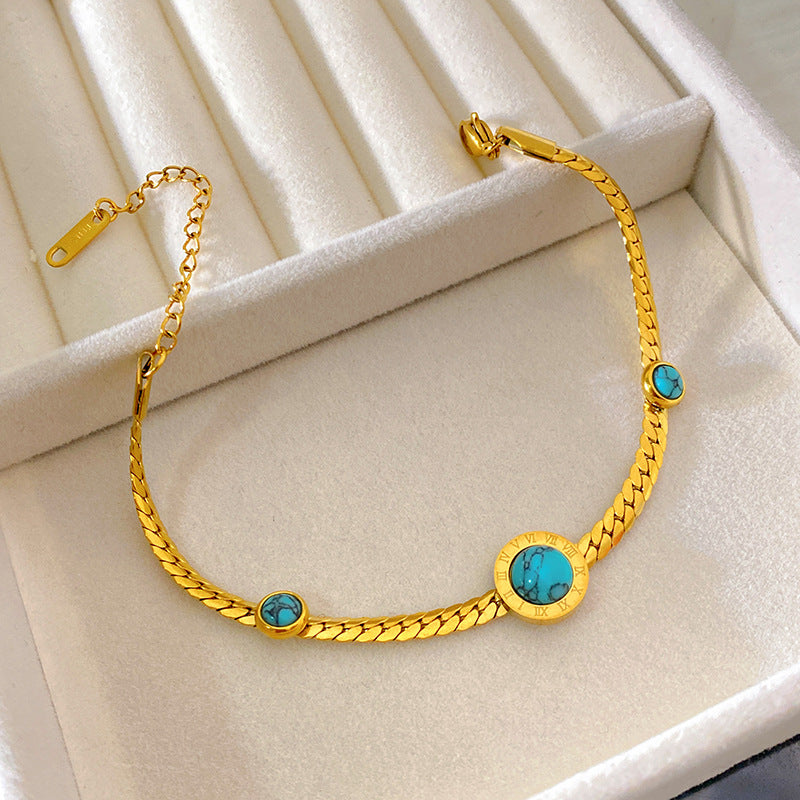 Minimalist Gold Plated Titanium Steel Cuban Link Chain Bracelet with Geometric Letter and Turquoise Inlay for Unisex