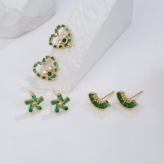 Pendientes de Tachuela Geométricos Chapados en Oro de 18K Estilo Ins con Incrustaciones de Zirconia Verde