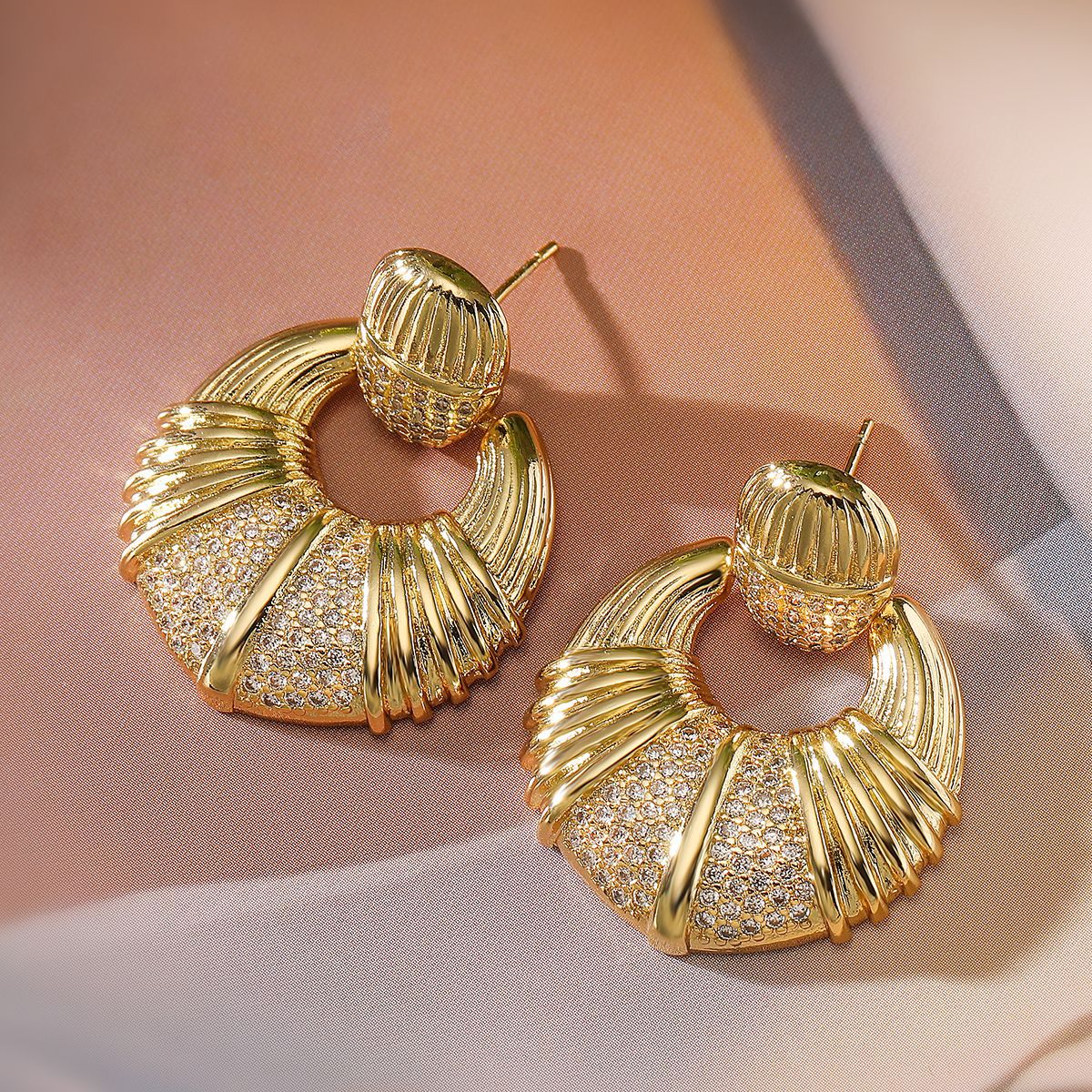Minimalist Geometric Copper Earrings with 18K Gold Plating and Zircon Inlay for Women