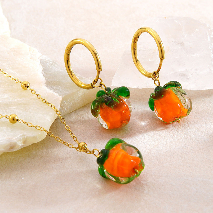 Sweet Stainless Steel Plated Fruit Pumpkin Pendant Necklace and Earring Set with Cable Chain