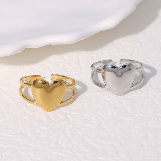 Minimalist Heart-Shaped Stainless Steel Ring with 18K Gold Plating, Adjustable Open Band for Women