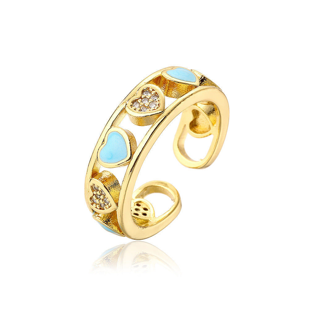Anello geometrico minimalista in rame placcato oro 18K con intarsio a cuore in strass da donna