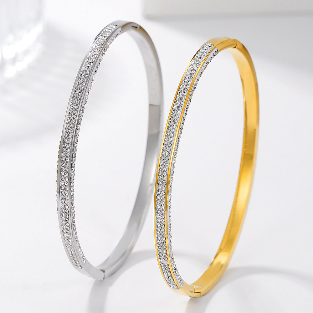 Geometric Round Rhinestone Inlaid Plated Titanium Steel Bracelet for Women and Men
