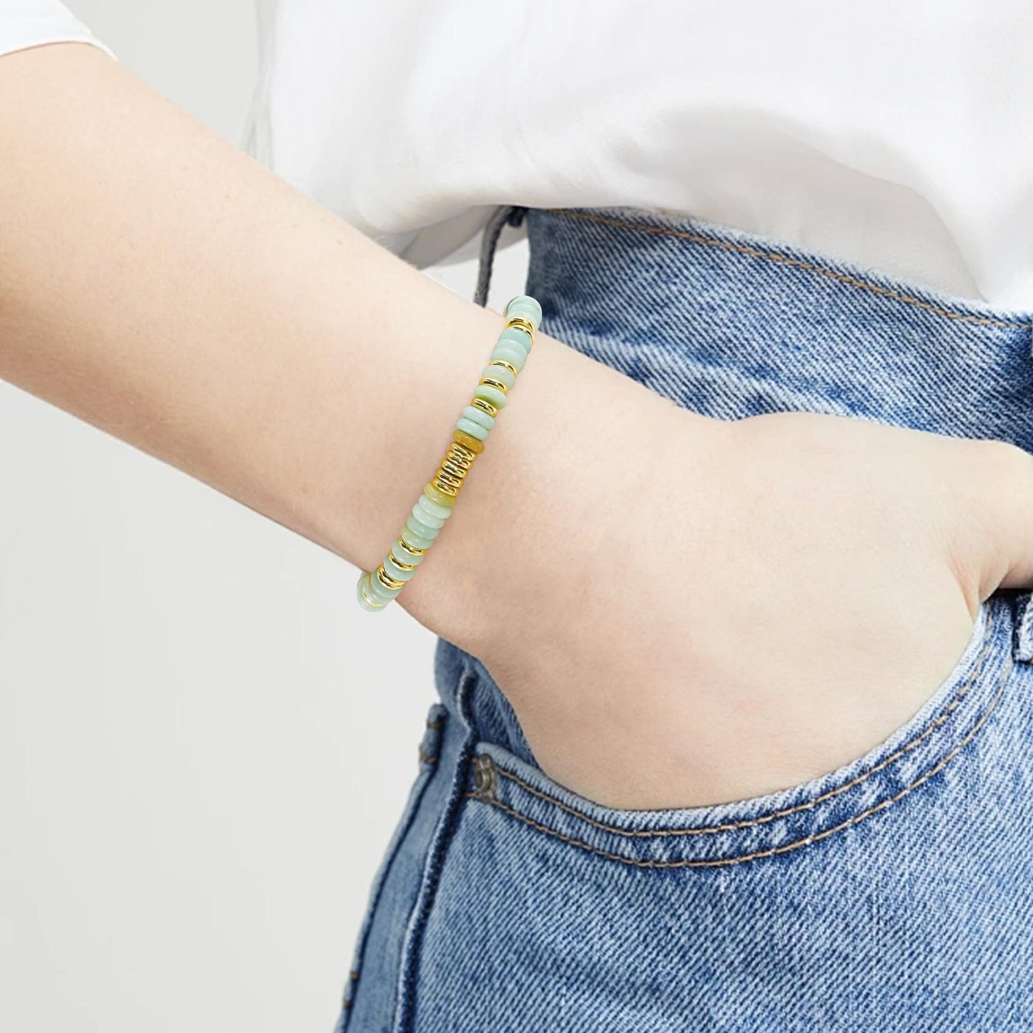 Fashion Geometric Round Natural Gemstone Beaded Bracelet with Gold Spacers and Lobster Clasp Adjustable Unisex Jewelry