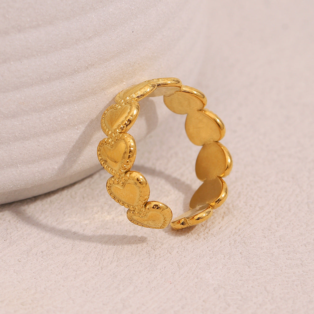Anello Minimalista a Cuore in Acciaio Inox con Bordo Perlato Placcato Oro 18K da Donna