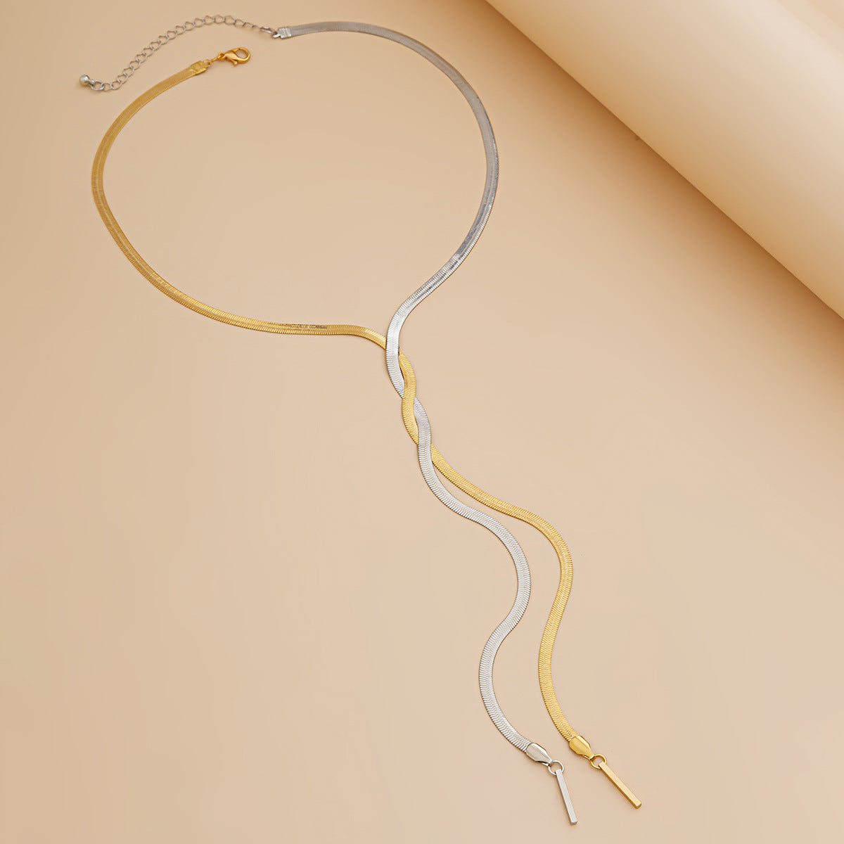 Minimalist Geometric Brass Plated Snake Chain Necklace with Tassel for Women