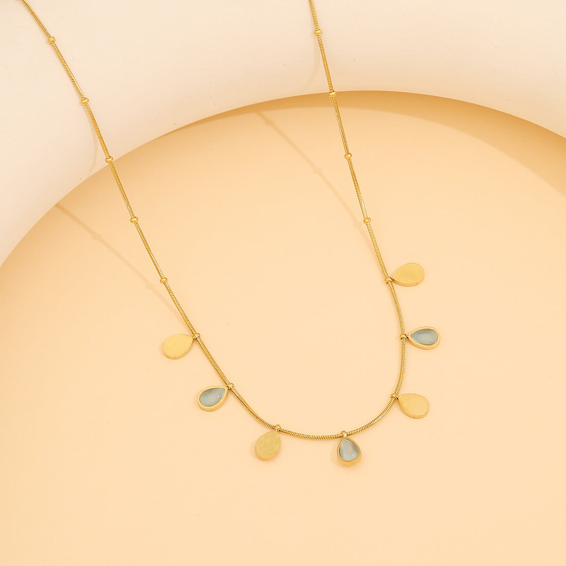Fashionable Geometric Cat's Eye Stone Necklace in Stainless Steel with Plated Finish, Snake Chain for Women