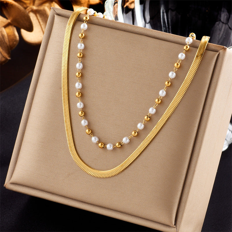 Geometric Irregular Metal Beaded Titanium Steel Flat Snake Chain Double Layer Necklace for Women