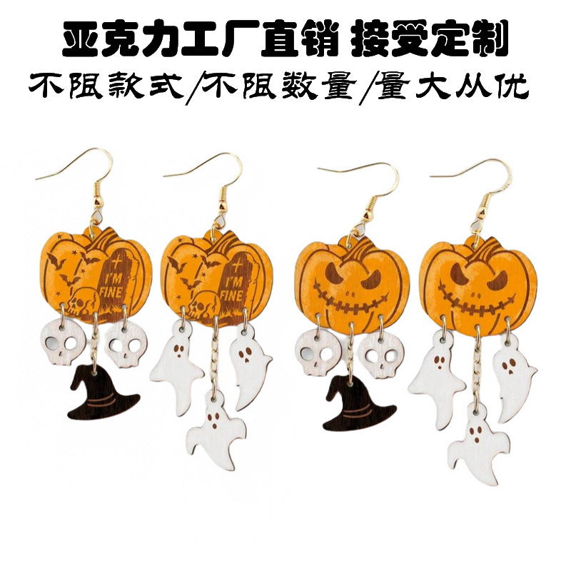 Exaggerated Halloween Pumpkin and Leaf Wooden Earrings for Women with Fruit and Botanical Design
