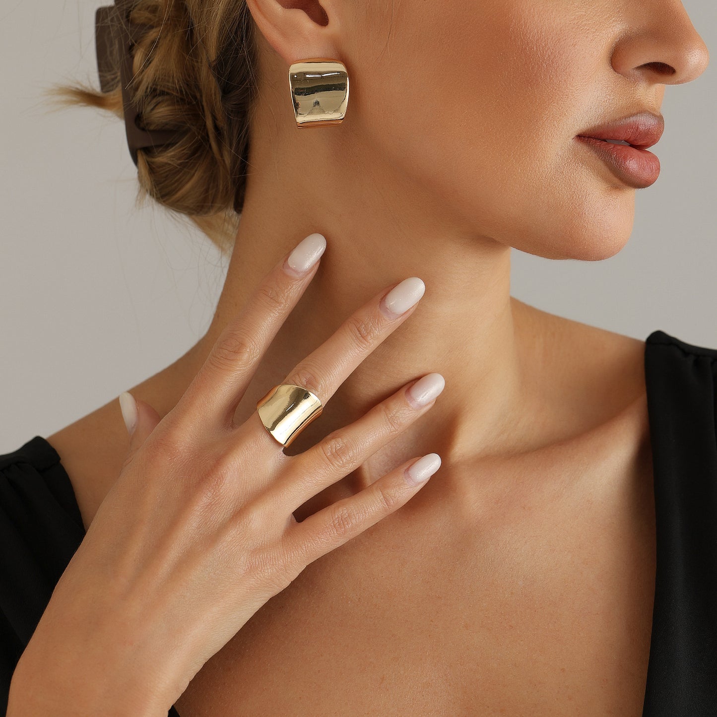 Vintage Geometric Square Plated Zinc Alloy Earrings and Ring Set for Women