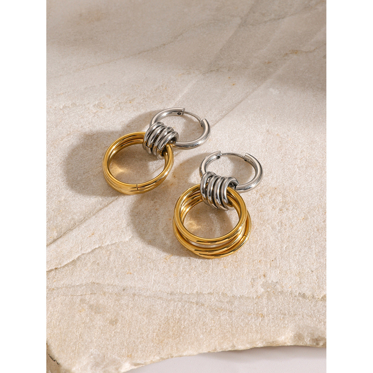 Two-Tone Polished 18K Gold Plated Stainless Steel Round Geometric Hoop Earrings with Three Gold Rings