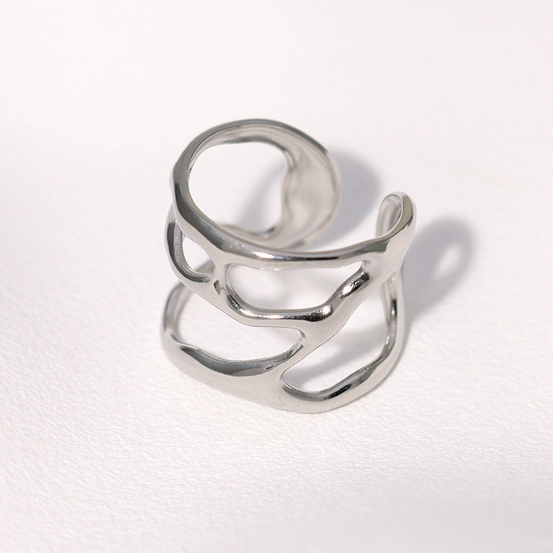 Anillo Abierto Asimétrico Irregular de Acero y Titanio Geométrico Minimalista para Mujer con Acabado Chapado