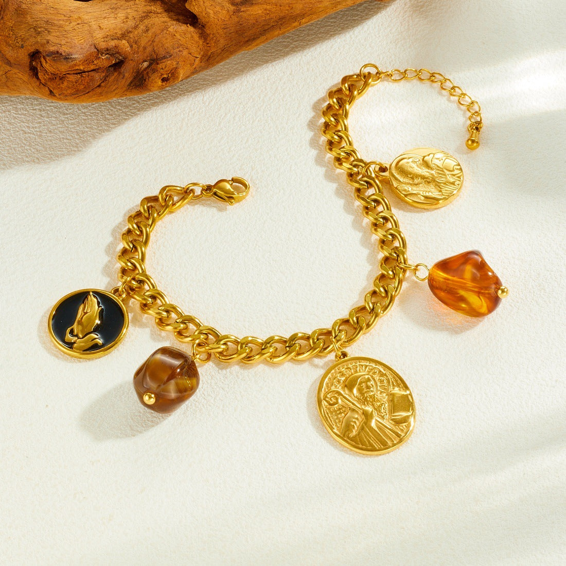 Vintage Gold Plated Round Geometric Drip Oil Resin Pendant Stainless Steel Serpentine Chain Necklace Set