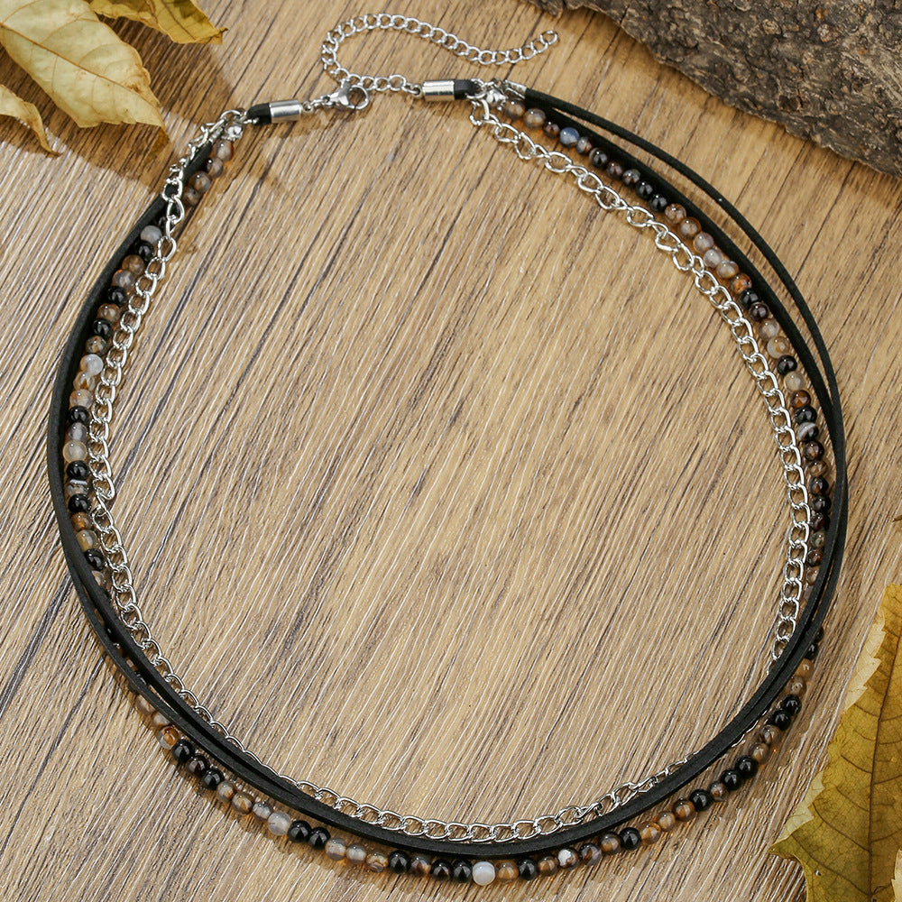Personalized Geometric Black Agate Leather Spliced Chain Necklace for Men