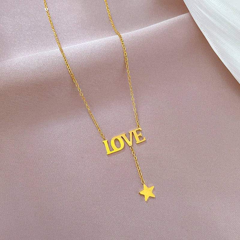 Minimalist Titanium Steel LOVE Star Pendant Necklace for Women Geometric Locket Chain Fashionable Casual Jewelry