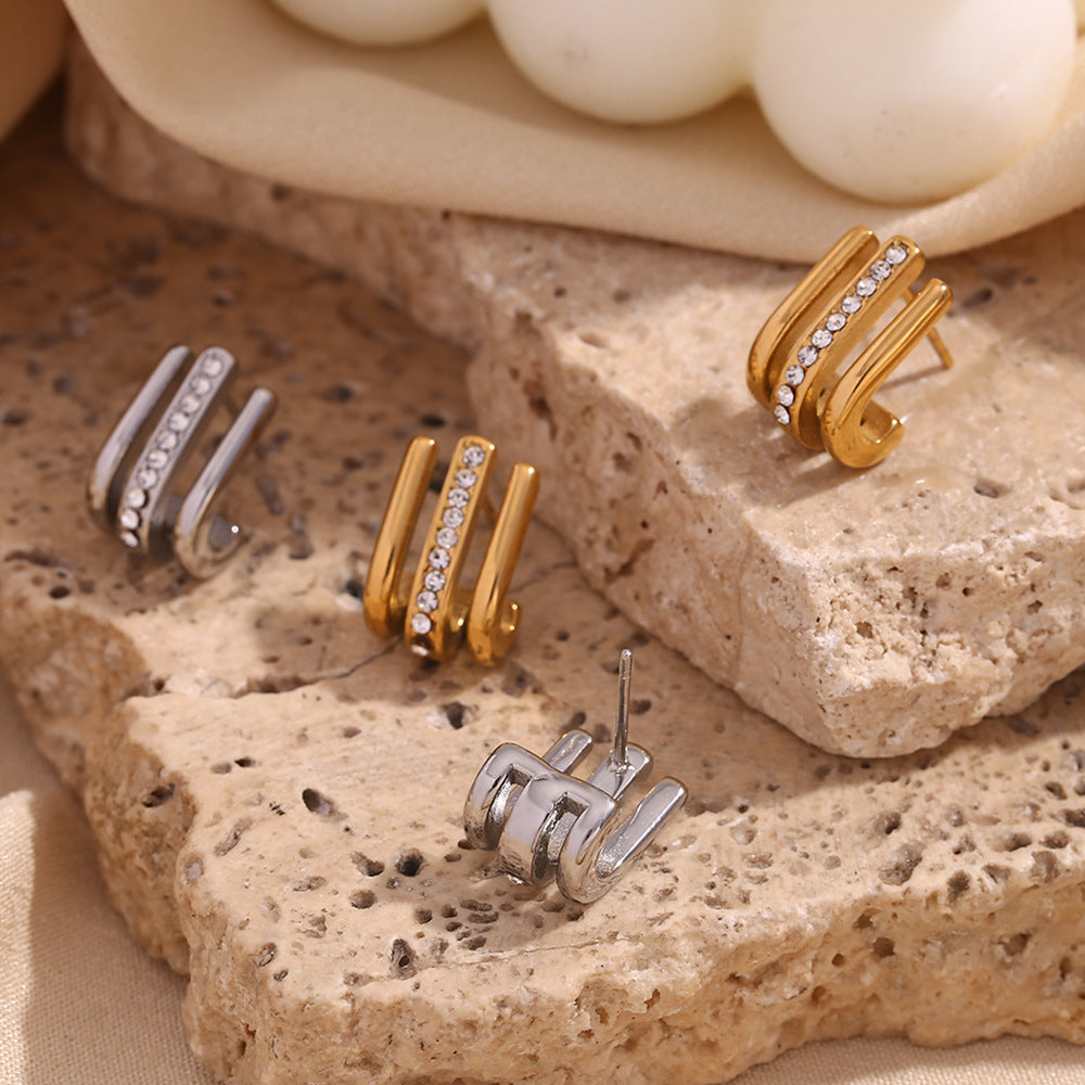 Minimalist Geometric Stainless Steel Ear Studs with 18K Gold Plating and Rhinestone Accents