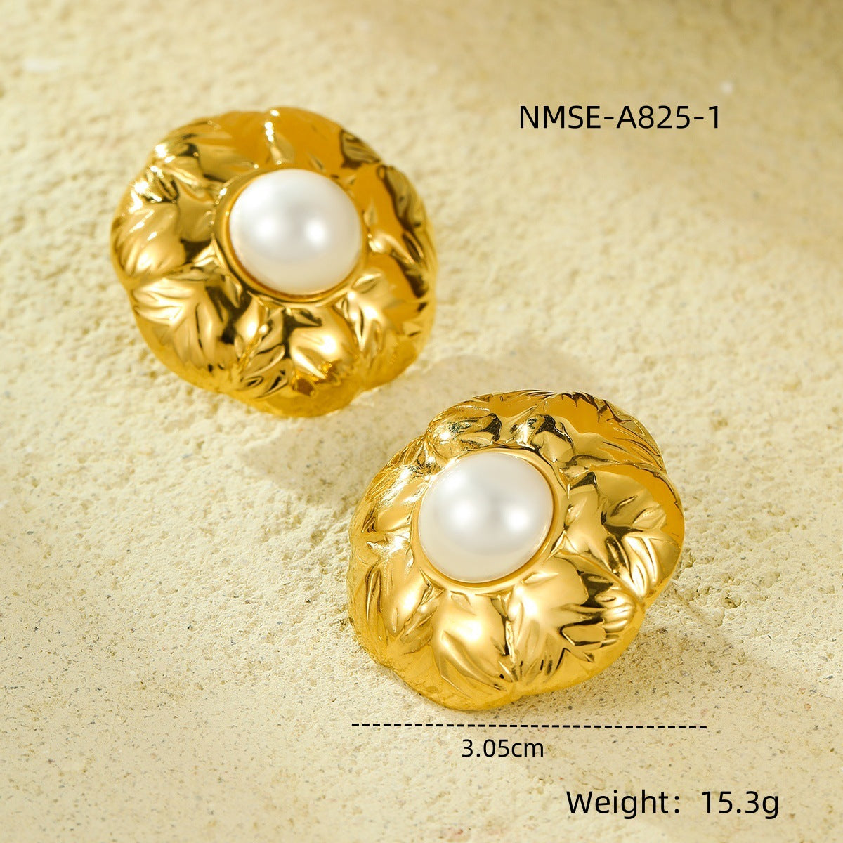 Pendientes de botón redondos de acero de titanio con textura de perlas incrustadas estilo vintage para mujer