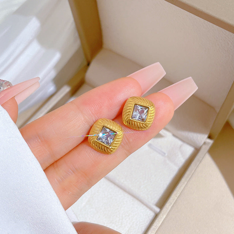 Minimalist Geometric Titanium Steel Stud Earrings with Zirconia Accents for Women, Electroplated Cold-Tone Fashion Ear Jewelry