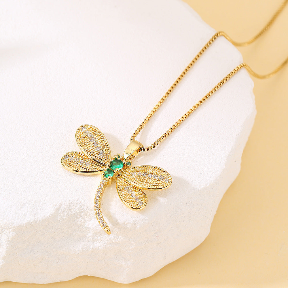 Minimalist Dragonfly Pendant Necklace for Women with Copper Base Plated in 18K Gold and Micro-Paved Zirconia
