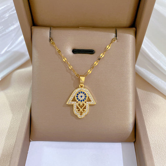 Collana Pendente Minimalista Mano con Occhio in Acciaio Inossidabile con Finitura Placcata da Donna