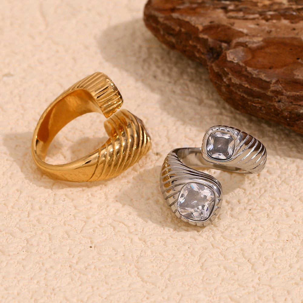 Minimalist Geometric Stainless Steel Ring with 18K Gold Plating and Dual-Zirconia Texture for Women