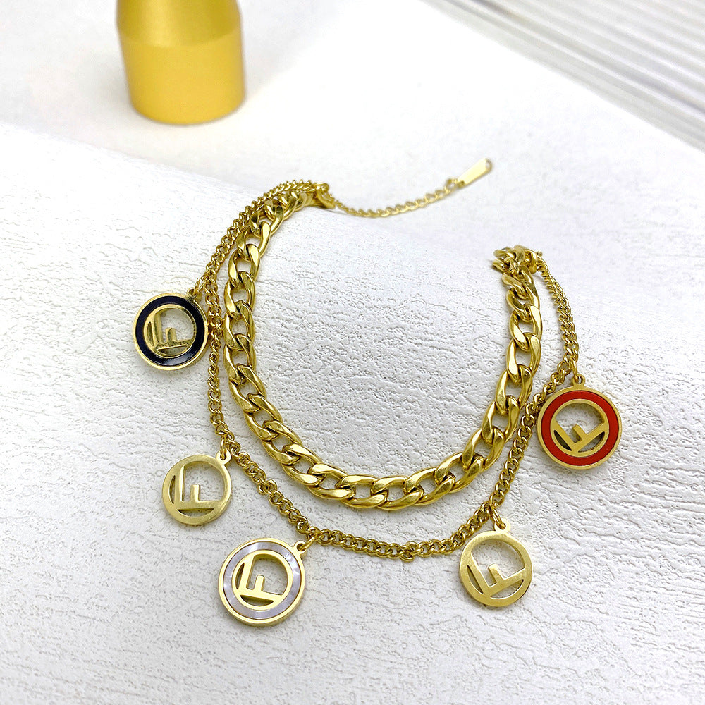 Punk Style Geometric Titanium Steel Bracelet with Engraved F Letter Pendant and Thick Snake Chain