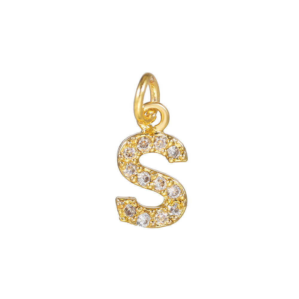 14K Gold Plated Brass Letter Pendant with Cubic Zirconia Charm Bar