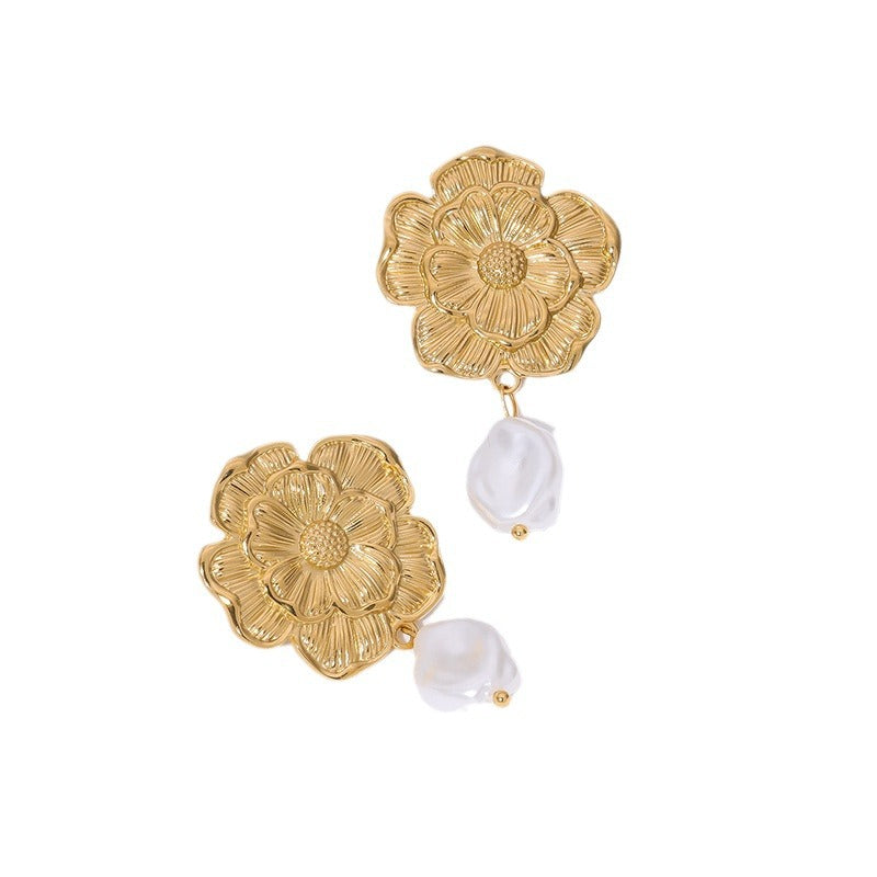 Elegant Floral-Shaped Stainless Steel Stud Earrings with Simulated Pearls and 18K Gold Plating for Women