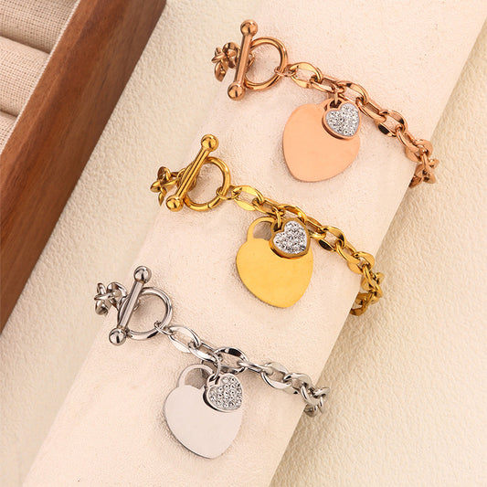 Fashion Elegant Heart Butterfly Titanium Steel Plated Bracelet for Women with OT Clasp