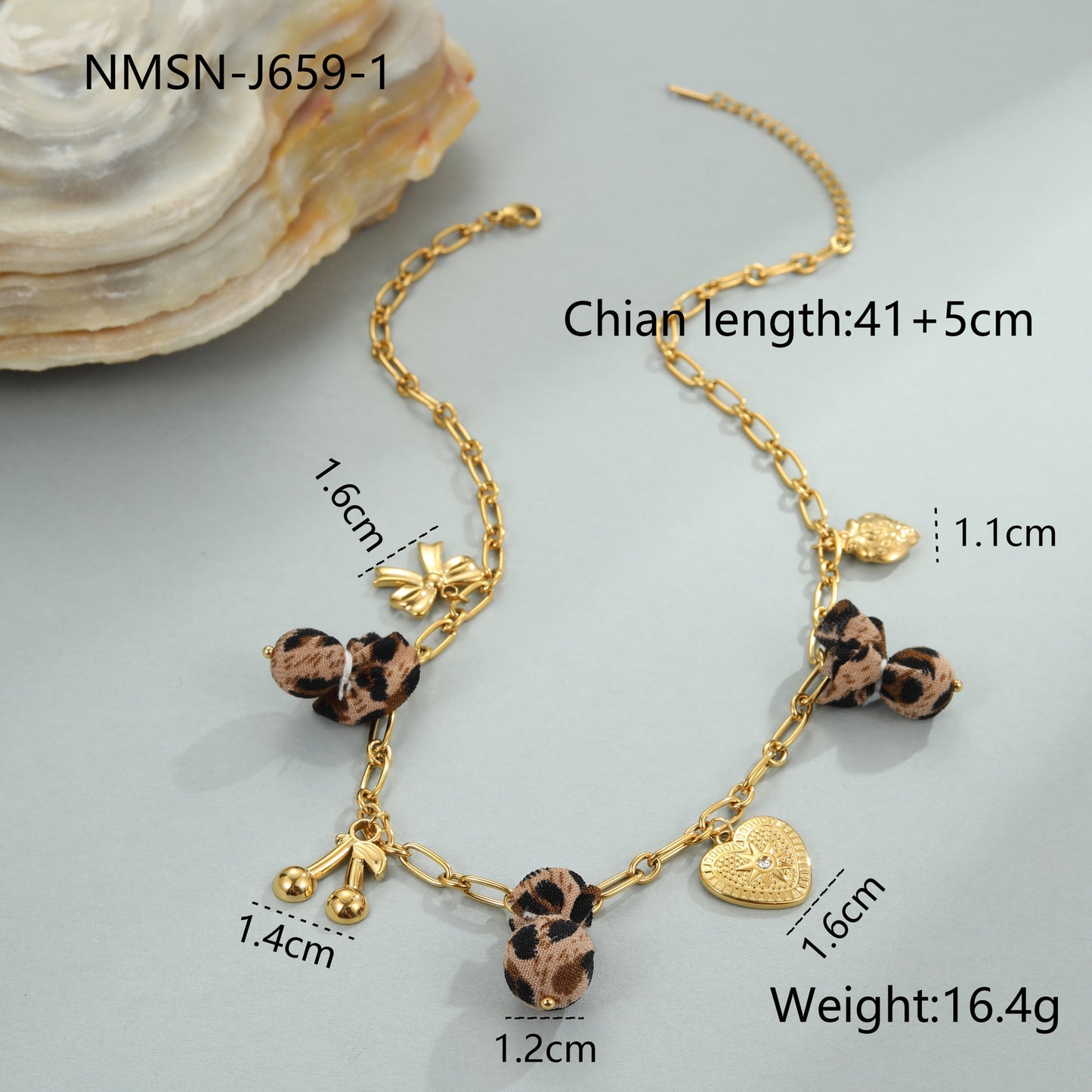 Collana con ciondolo floreale a cuore con stampa leopardata alla moda in acciaio inossidabile con finitura placcata da donna